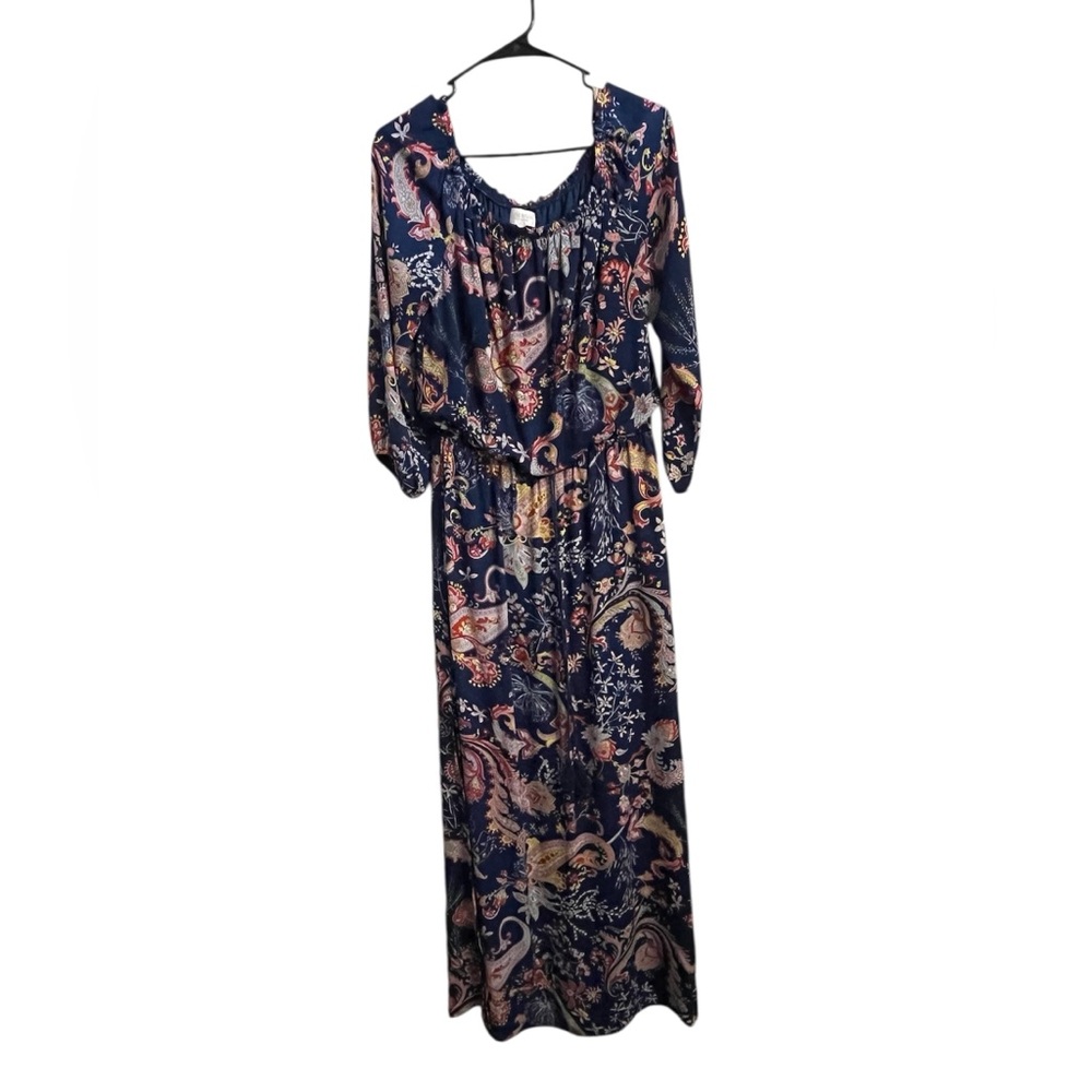 Bisou Bisou Women Dress 6 Blue Floral 100% Polyester Side Slit 3/4 Sleeve Maxi